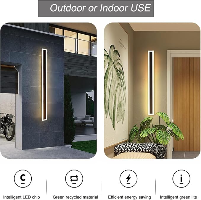 2 Pack-79INCH Long Outdoor LED Wall Lights,65W Waterproof IP65 Warm White led Wall Light Rectangular Black Wall Light,led Porch Lights Outdoor Wall Elegant Frosted White Acrylic Anti Rust