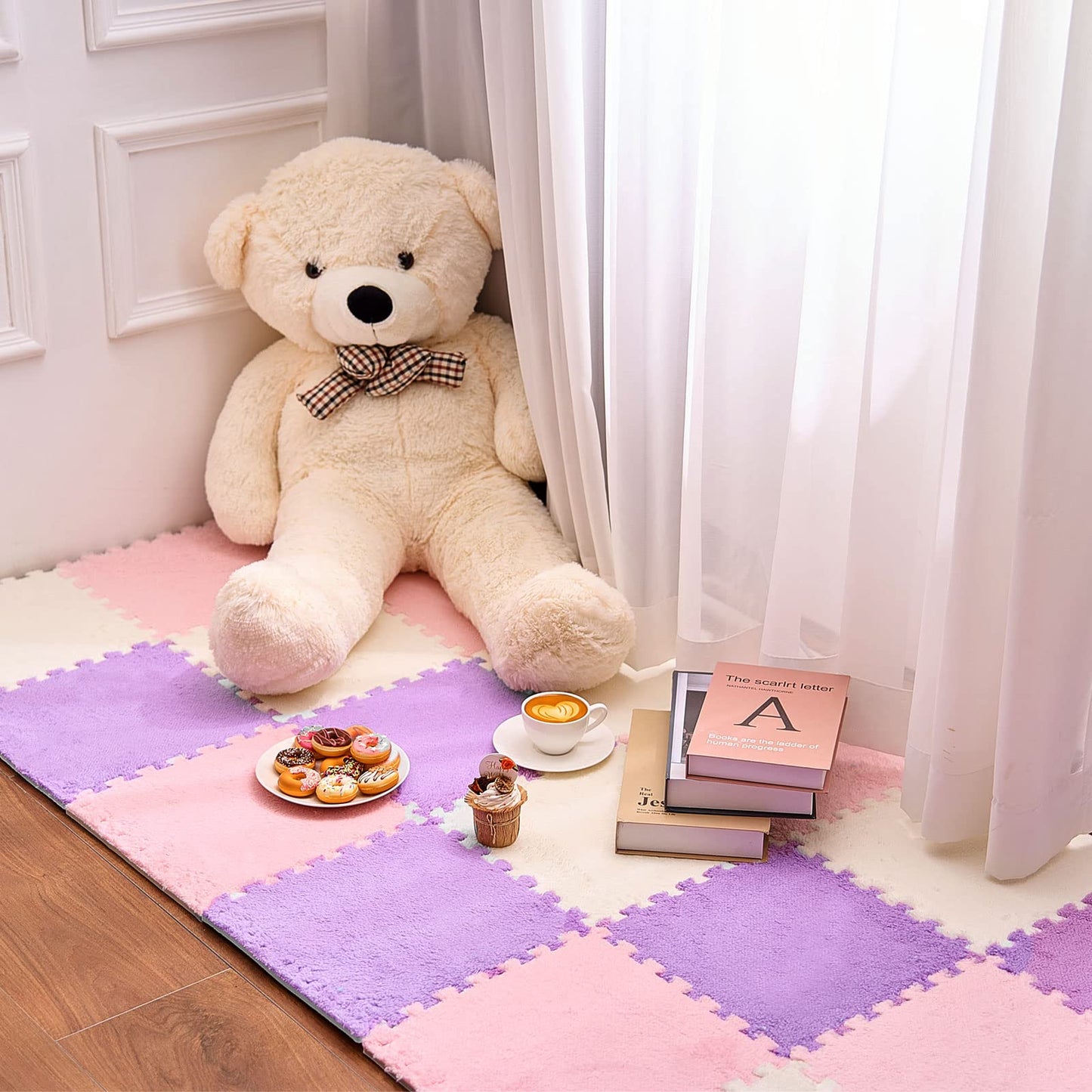 Amylove 72 Pieces Plush Foam Floor Mat Square Interlocking Carpet Tiles with Border 12 x 12 x 0.4 in Fluffy Play Mat Floor Tiles Soft Climbing Area Rugs for Home Playroom(White, Pink, Purple)