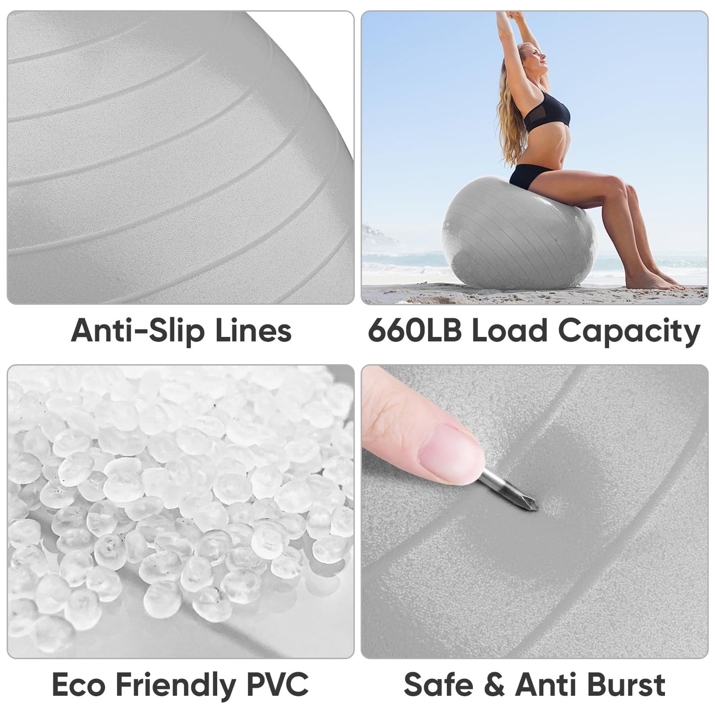 APEXUP Yoga Ball, 660 lbs Anti-Burst Exercise Ball with Pump, 5 Sizes (M (19"~22) 55cm, Silver)