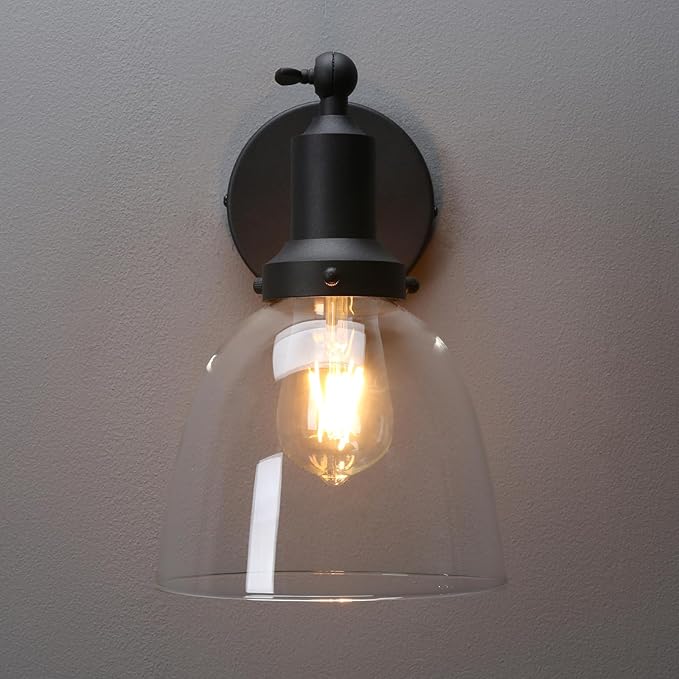 PERMO Industrial Sconces Slope Pole Sconce with 6.7" Oval Dome Clear Glass Shade Matte Black Wall Sconce Wall Mount Light Fixture for Bathroom Bedroom Entryway Home Office Kitchen