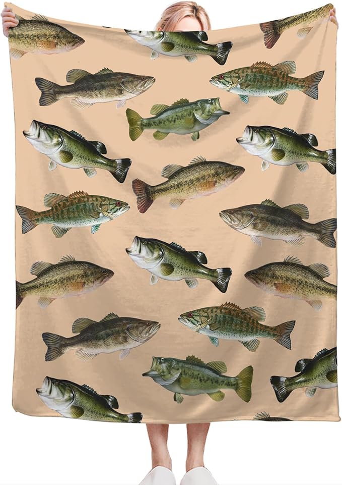 Fish Bass Blanket Decor Gifts for Fishing Lovers Flannel Fleece Fuzzy Throw Blanket Soft Warm Cozy Plush Ocean Animal Blanket for Bed Couch Living Room Stuffed Decoration for Kids Adult Man 80"x60"