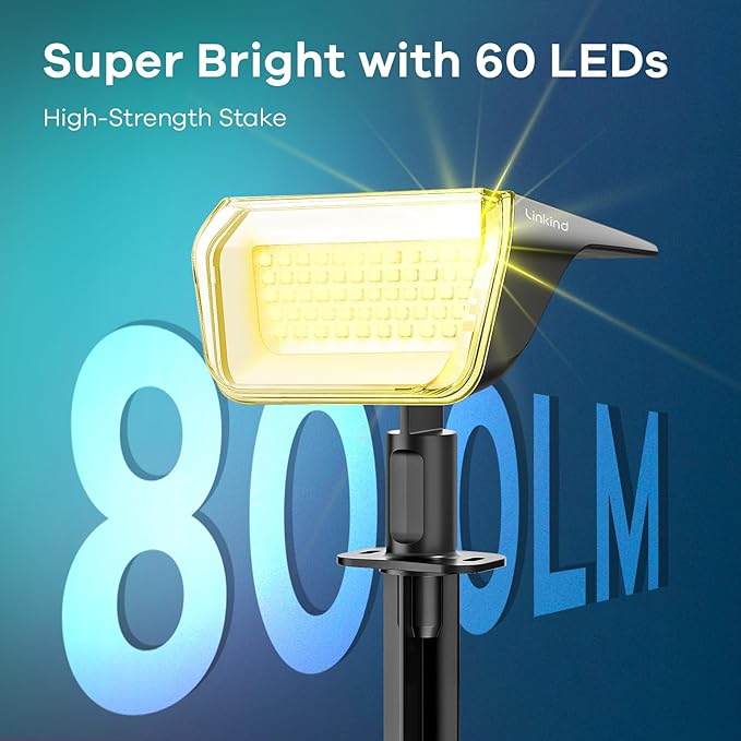 Linkind Solar Spot Lights Outdoor, 60 LEDs Solar Landscape Lights with 30% Conversion Rate and Waterproof IP67, Ideal for Outside, Garden, Yard, Pathway (6 Pack, Warm White)