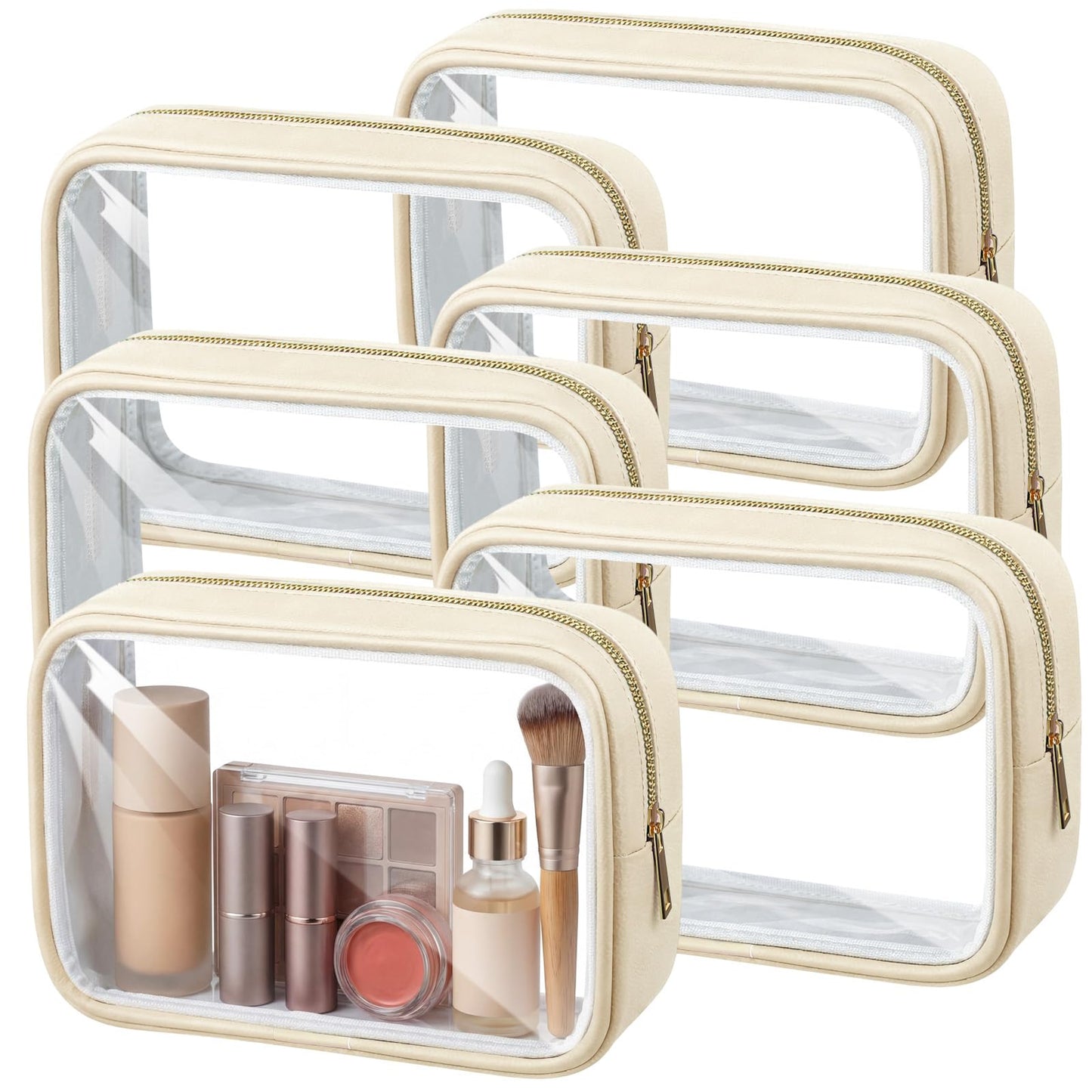 Abbylike 6 Pcs Clear Makeup Bags Bulk PU Leather Cosmetic Pouches Transparent Toiletry Bags with Zipper Waterproof Purse Skincare Car Organizer for Girl Women Travel Gifts(Beige)