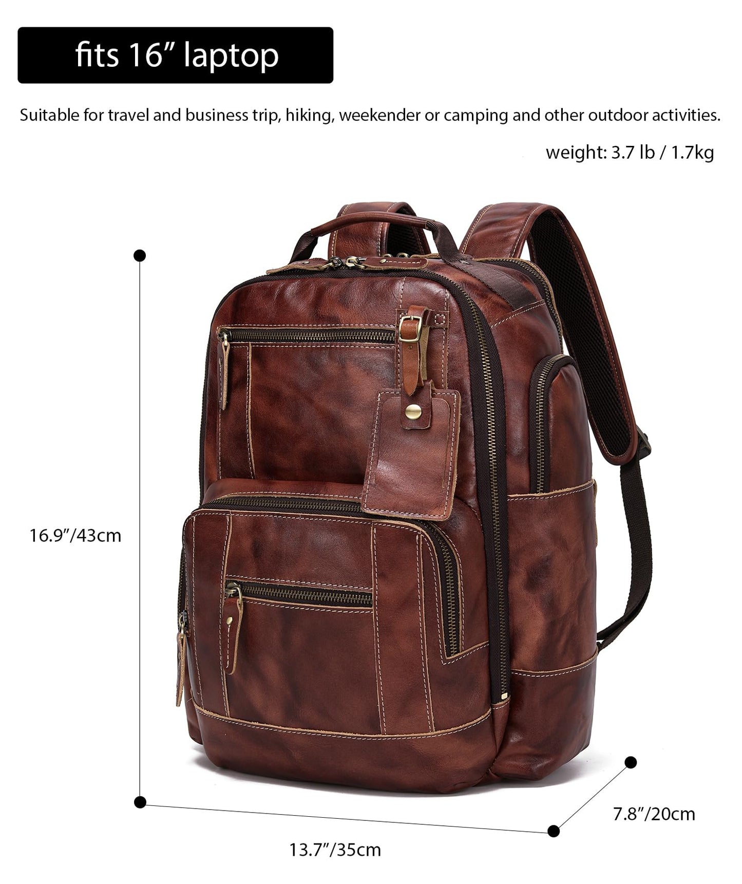 LANNSYNE Full Grain Leather Backpack For Men, Fits 16" Laptop, Coffee