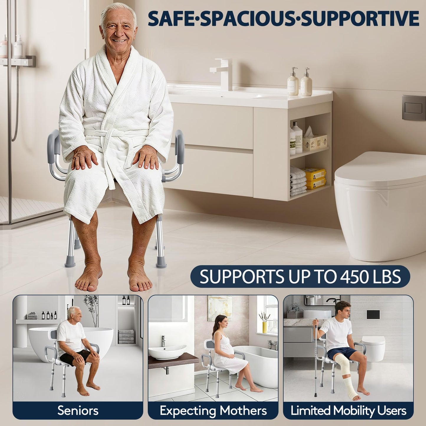 UNILEAF Shower Chair For Inside Shower With Arms And Back, Adjustable Height Shower Chair For Elderly And Disabled Adults, 450 Lb Capacity, Non-Slip Shower Seat, Aluminum, White