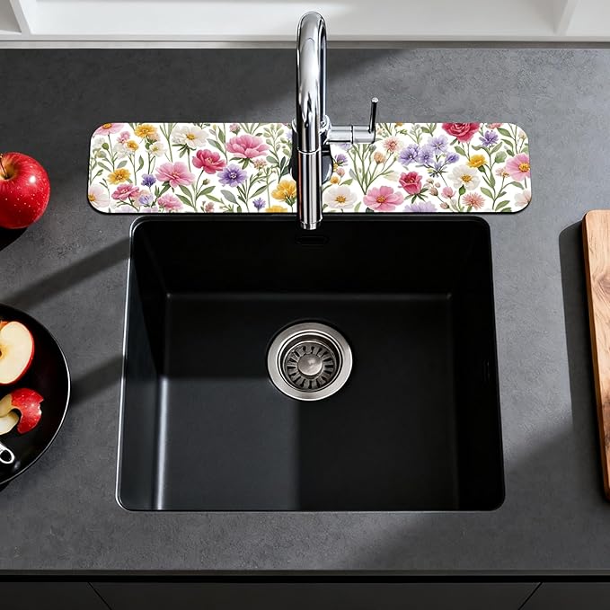 2 Pcs Kitchen Sink Splash Guard Faucet Mats Colorful Watercolor Flowers and
