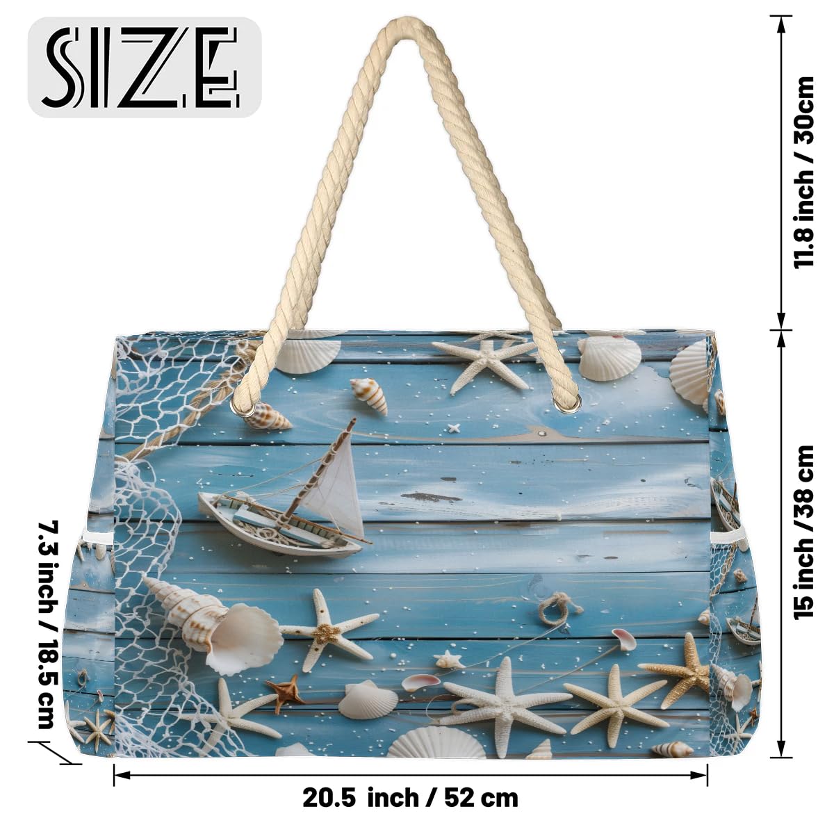 ModaQua Starfish Shell Nautical Beach Bags Waterproof Sandproof for Women, Large with Zipper Pool Beach Tote Reusable Grocery Shoulder Bag for Swim Travel Shopping Vacation Picnic