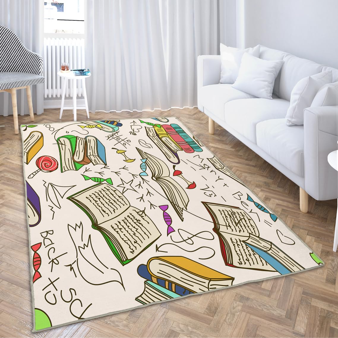 LOKMU Non-Slip Area Rugs Library Comic Doodle of Books Reading Home Decor Rugs Carpet for Classroom Living Room Bedroom Dining Kindergarten Room 5'x7'