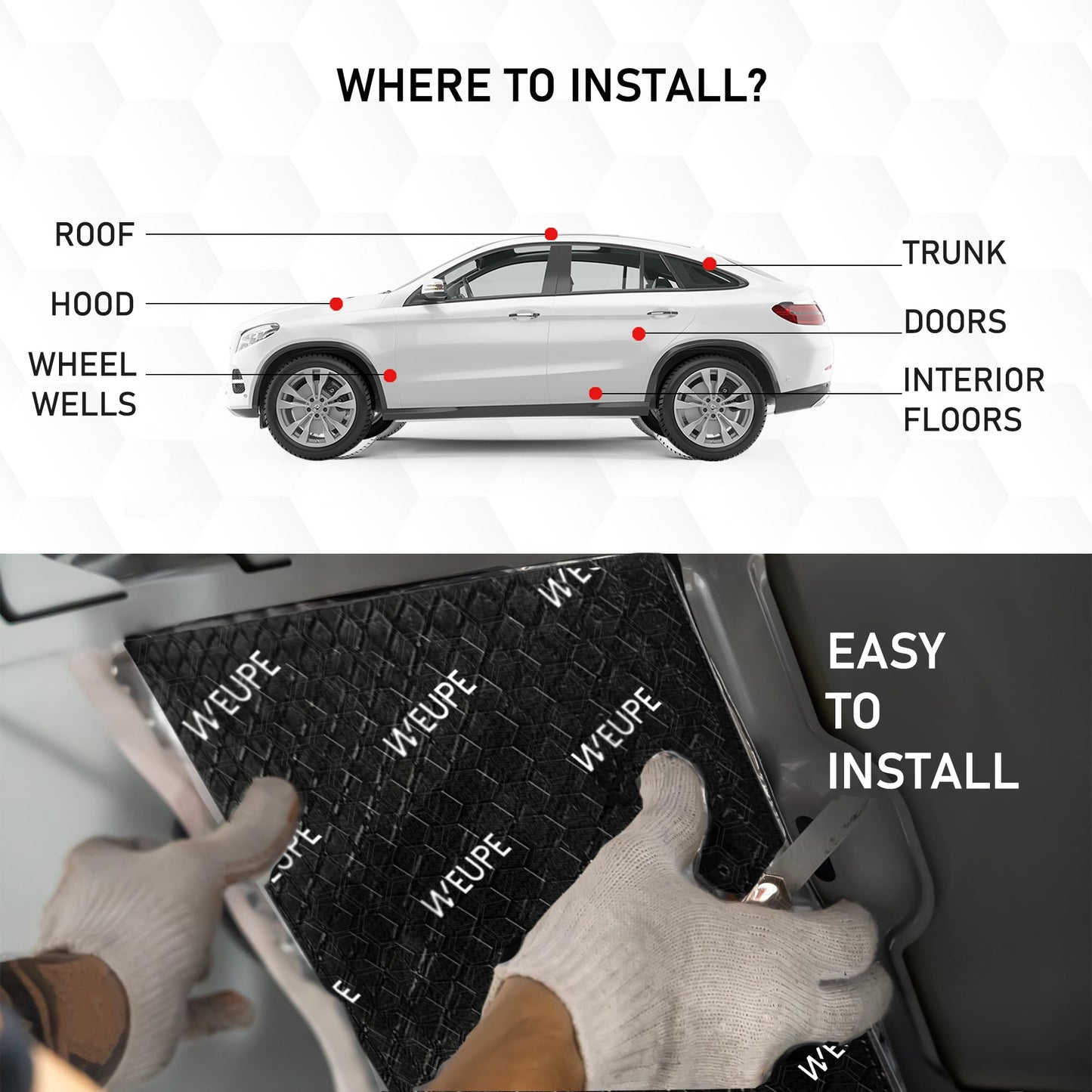 WEUPE Sound Deadening Mat for Cars, 80 mil 5 sqft, Butyl Automotive Sound Deadener, Noise Insulation Dampening Material for Car Trunk, Speaker, Door, Floor and Ceiling, Black