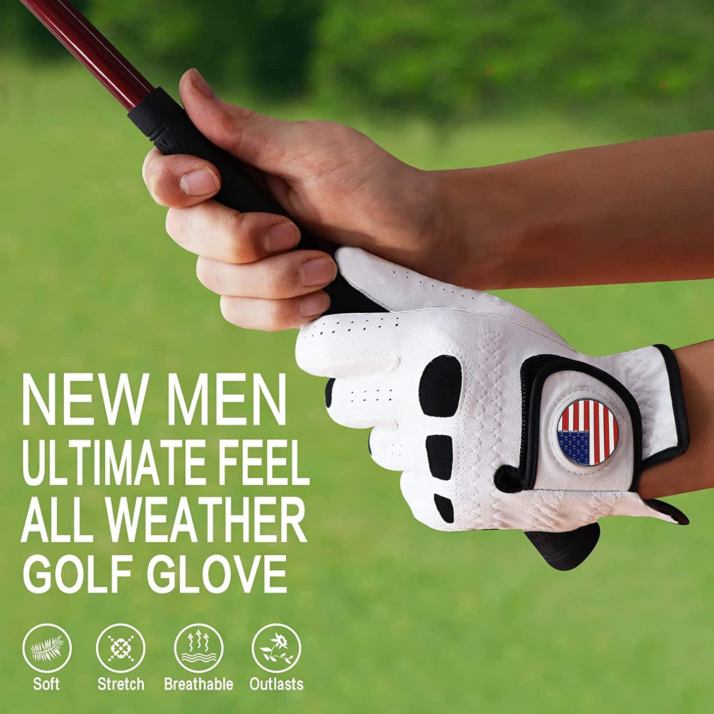Amy Sport Golf Gloves Men Left Hand Right Handed Golfer 3 Pack with Ball Marker Soft Leather Weathersof Grip Mens Glove Size S M ML L XL XXL 3XL (3 Pack-White, Large, Worn on Left Hand)