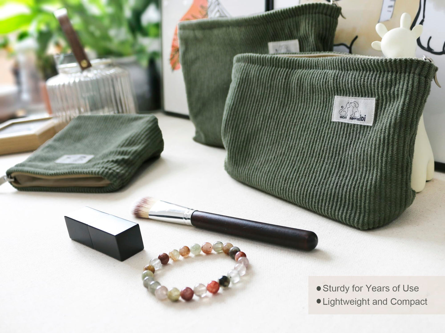 HAPPYHEIDI Corduroy Makeup Bag Set 3 Cosmetic Toiletry Travel Pouch Organizer for Purse Tote, Women Girls Gift, Large Medium Small, Solid Sage Green