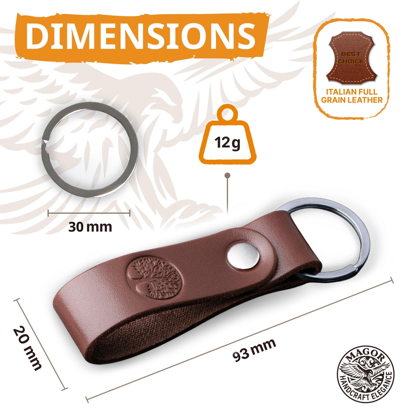MAGOR Handmade Full Grain Leather Keychain Personalised Keychain for Men Women Car Key Ring Gift for Him Her Dad Mom Premium Brown Leather Keyring Hot Embossed Design (Heart)
