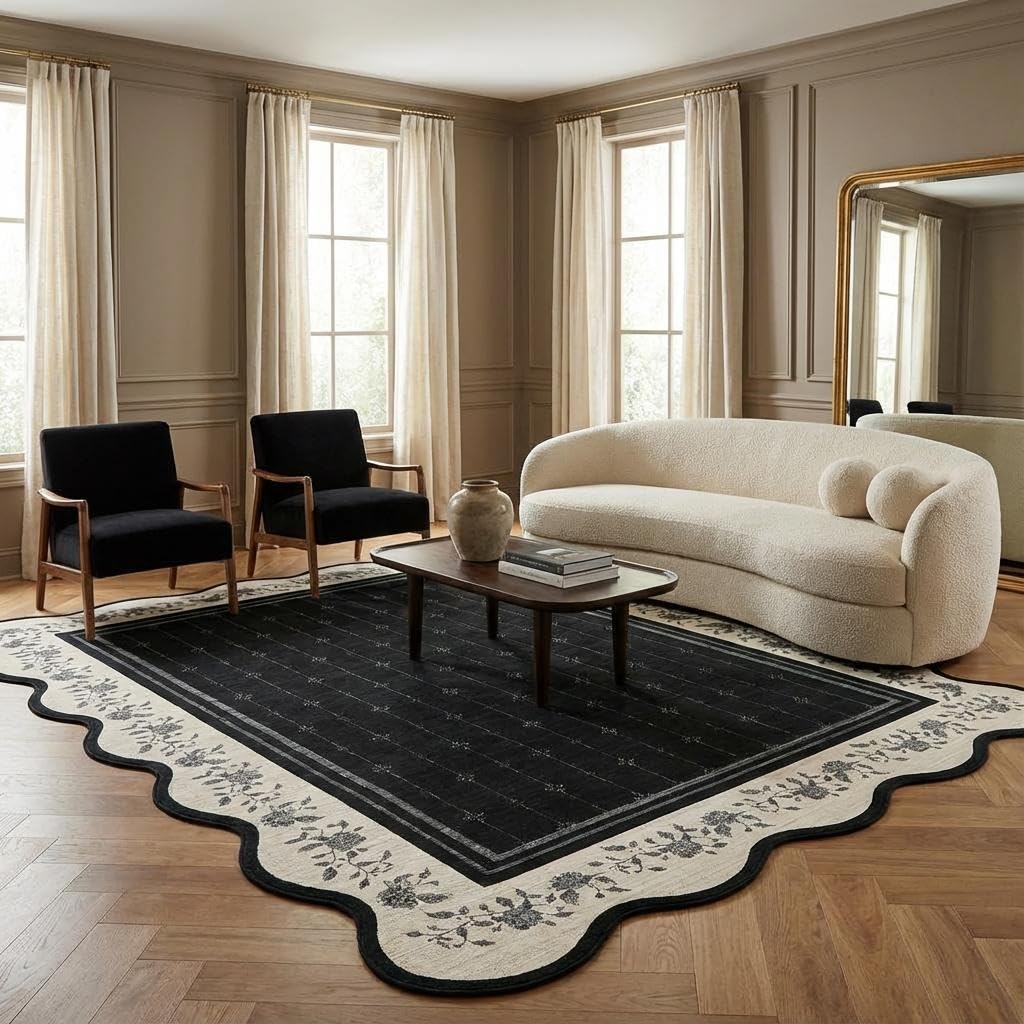 Garvee Washable Rugs for Living Room 8x10 Area Rugs for Bedroom Scalloped Rug Modern Bordered Non Slip Large Kids Bedroom Carpet Indoor Stain Resistant Floor Cover for Dining Room Office Nursery Black
