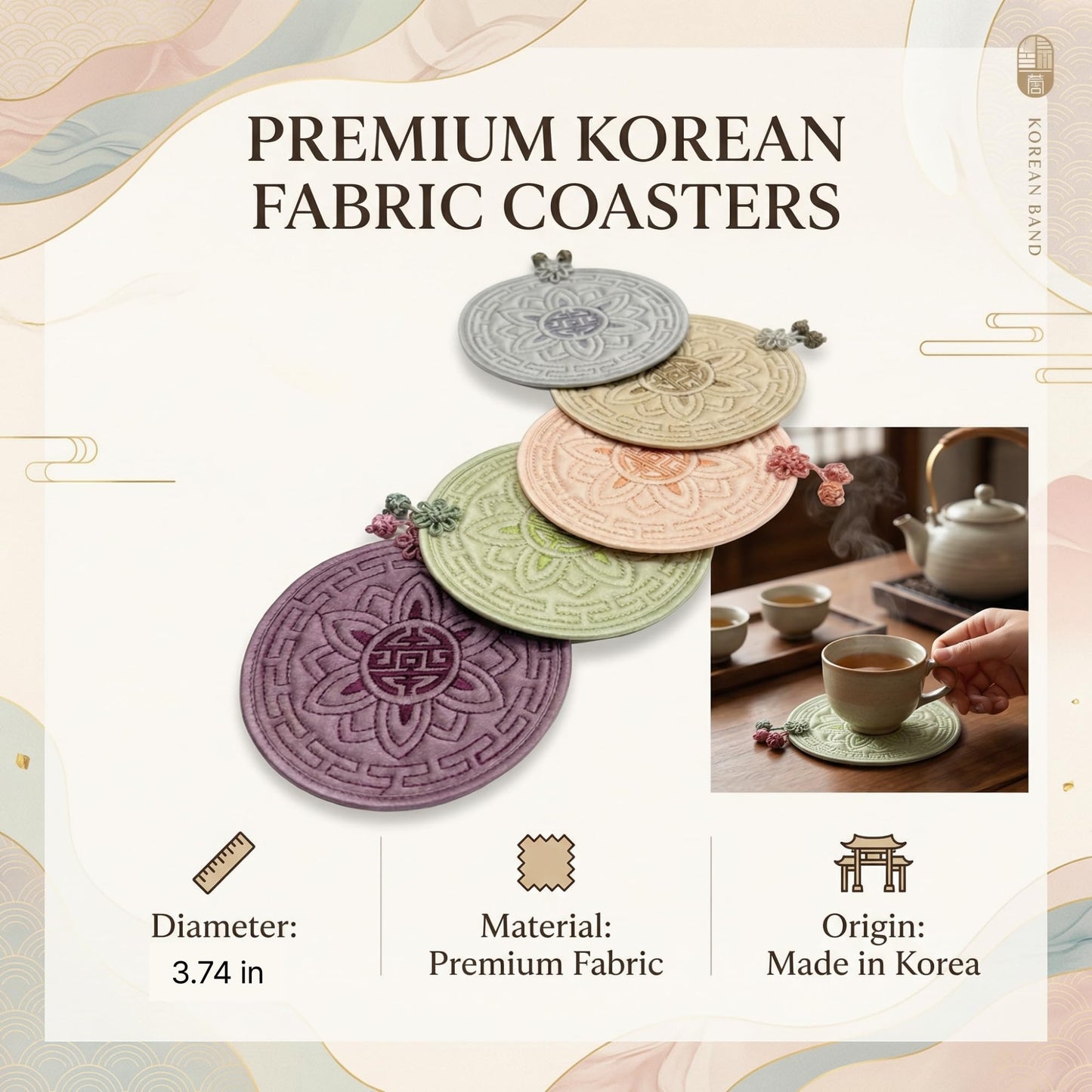 Korean Traditional Lotus Fabric Coasters Set of 5, Korean Fabric Coasters, Washable Fabric Coasters, Absorbent Drink Coasters, Round Tea Coasters for Drinks & Coffee Mug Cushion