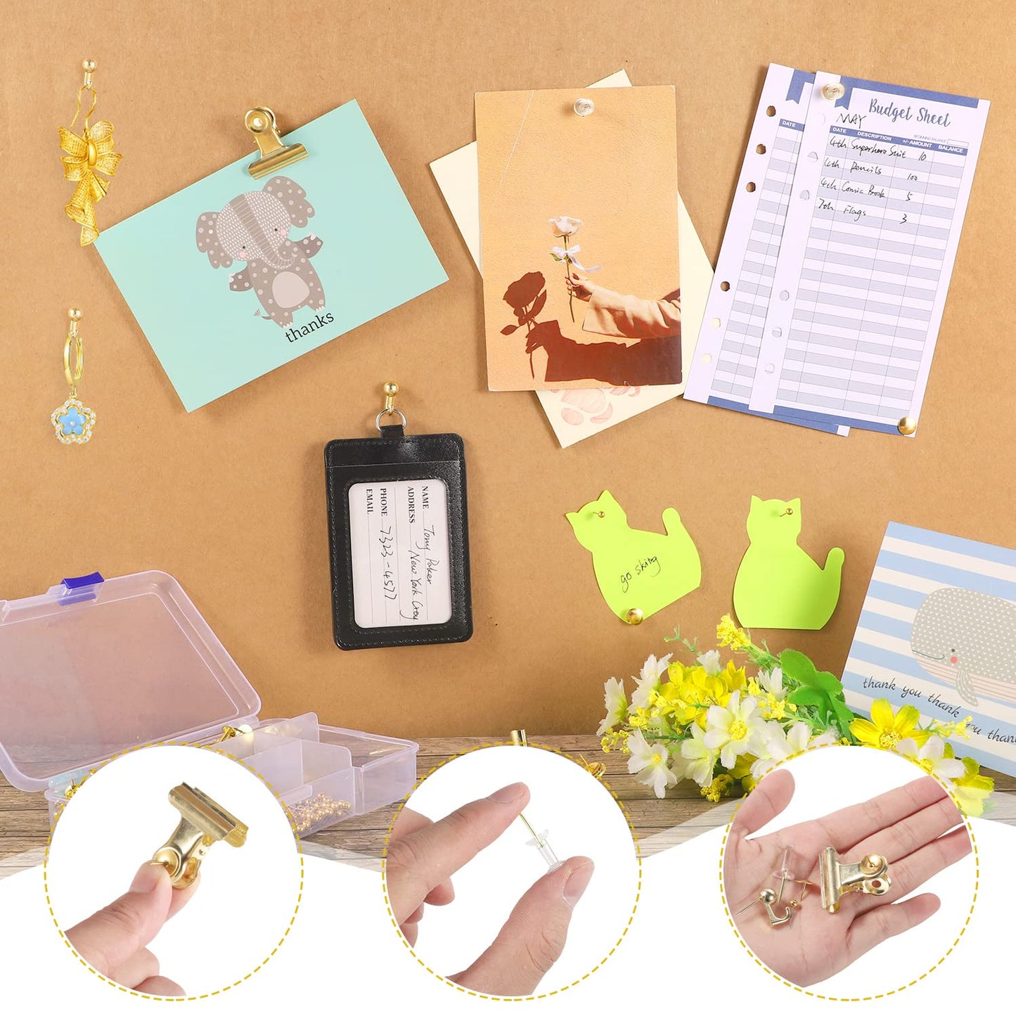 310 Pcs Gold Push Pins Set Thumb Tacks Decorative Push Pins for Cork Board with Push Pin Hook Pushpin Clip 5 Style Office Accessories for Cork Board Map Office (Gold)