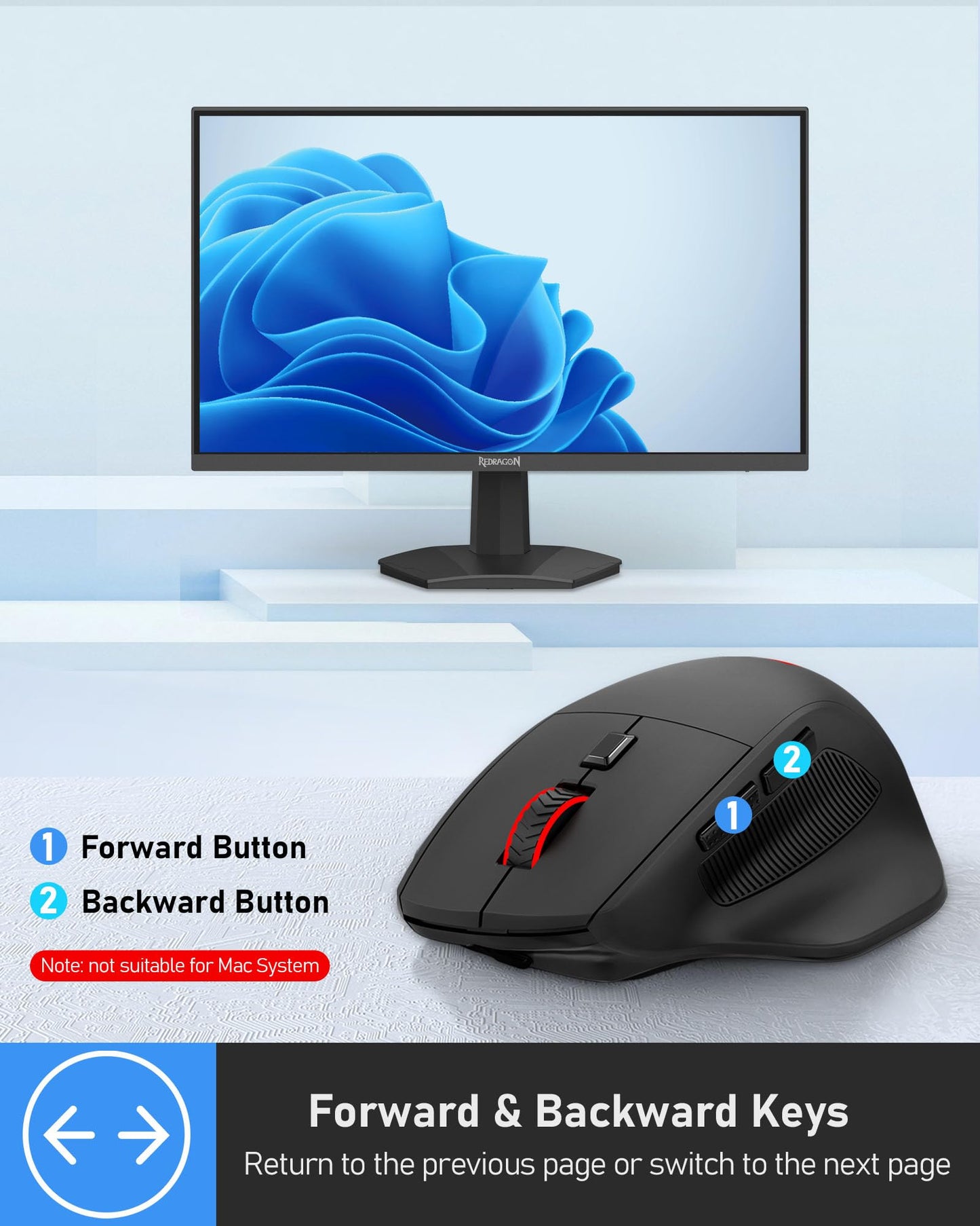 Redragon Large Wireless Gaming Mouse for Big Hands, Tri-Modes 2.4G/Bluetooth/Wired Rechargeable Ergo RGB Mouse with 2 Side Buttons, 6 Backlit Modes, Programmable Macro Gamer Mouse