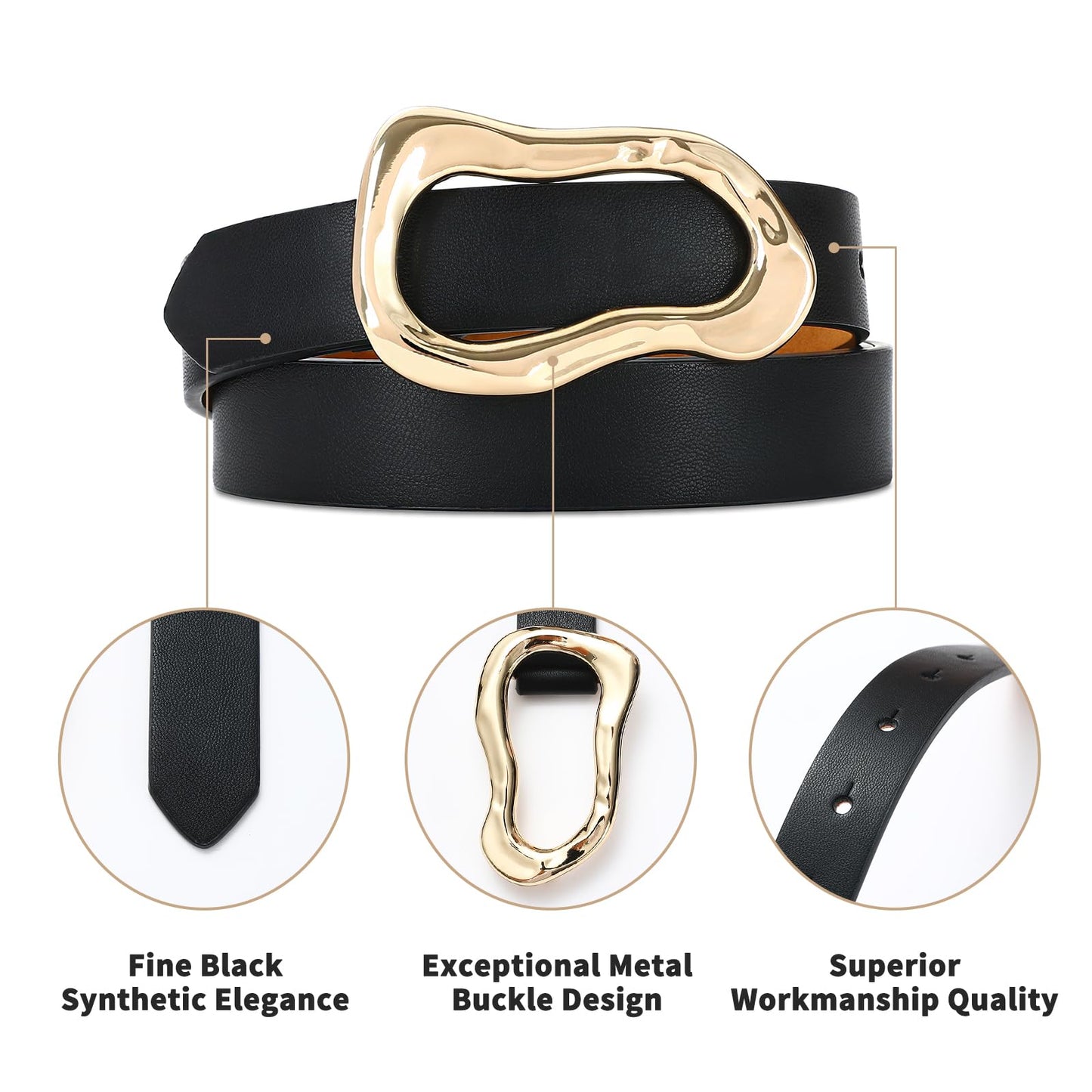 RISANTRY Black Belt for Women Stylish Gold Buckle Fashion Leather Waist Belt Perfect for Jeans and Dresses