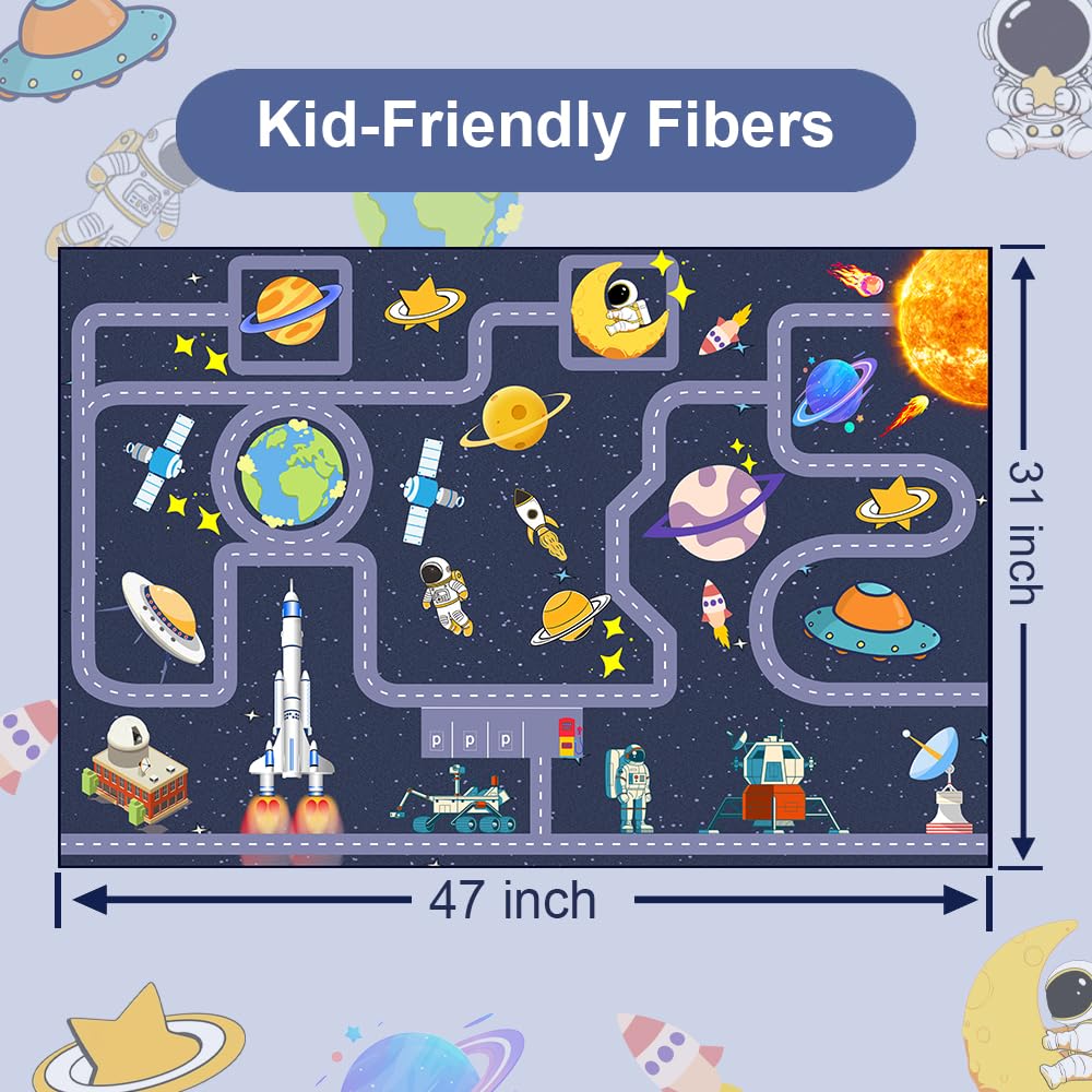 Pyrrhite Outer Space Kid Rug，Boys Car Rug for Kids Toy Cars Have Fun Safely, Non-Slip Educational City Road Rugs Carpets for Kid Room Bedroom（47×31 in