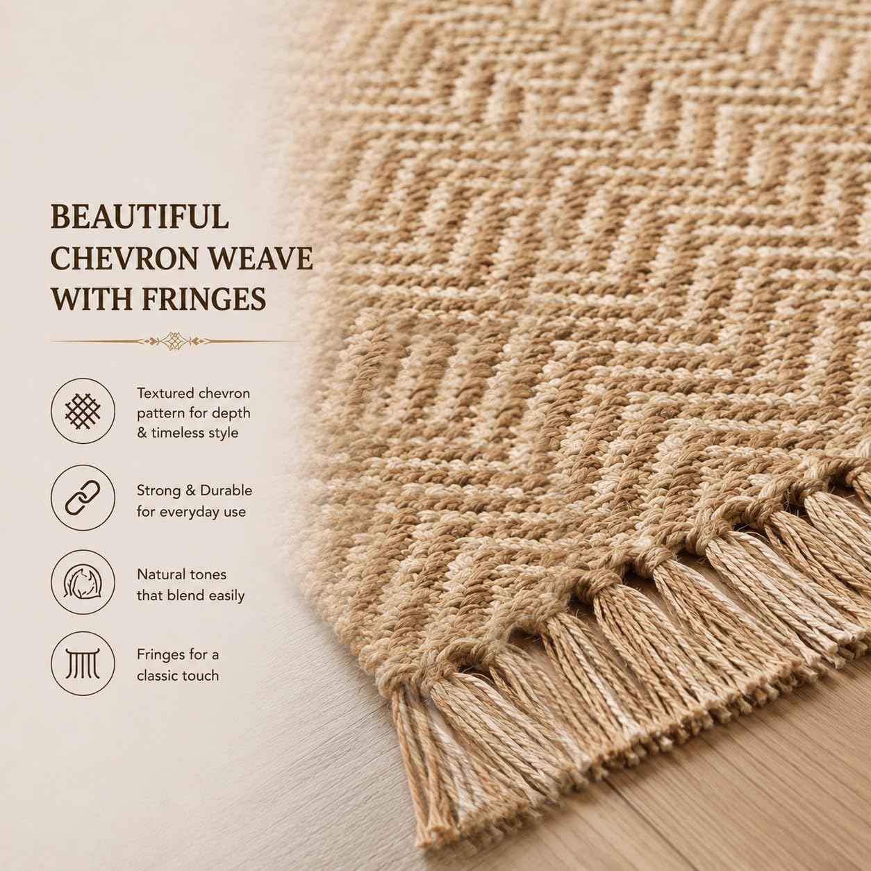 Chevron Weave with Fringes Woven Area Rug 2x3 Ft - Beige, Small Soft Decorative Reversible Front Door Mats Ideal for Entryway, Kitchen, Nursery, Office | Farmhouse Brown Accent Indoor Space Decor Mat