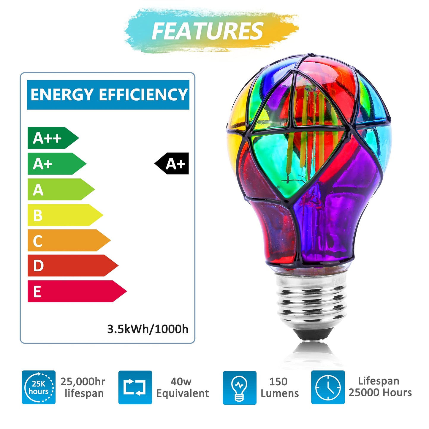 Kitmose 2 Pack Stained Glass Light Bulbs, LED Edison Light Bulb E26 3.5W Replacement Light Bulbs Tiffany Style for Bedroom Living Room Home Christmas Decoration (A60)