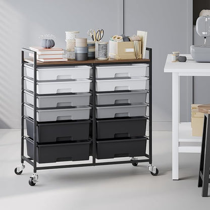 Rolling Storage Cart with 12 Drawers, Wooden Tabletop Utility Cart for Craft Storage, Art Supply Storage & Home Office Organization, Teacher Cart with Wheels for Classroom Organization, School (Grey)