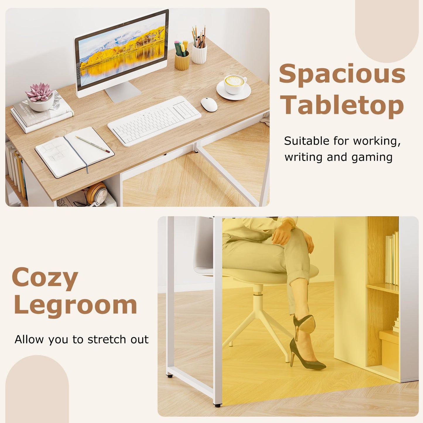 Tangkula Computer Desk with Storage Shelves, Home Office Desk with 5 Side Shelves & Metal Frame, Space Saving Laptop PC Desk, Writing Study Desk, Modern Vanity Desk for Bedroom (Natural)