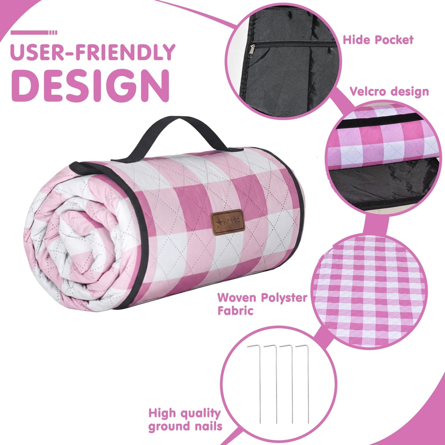 HX&OD Outdoor Picnic Blanket, Extra Large, 80''x80'' Waterproof Foldable Blankets Gingham Picnic Mat for Beach, Camping Grass Lawn Park Accessories Cute Couple Ideas Wedding (Pink, 80”x80”)