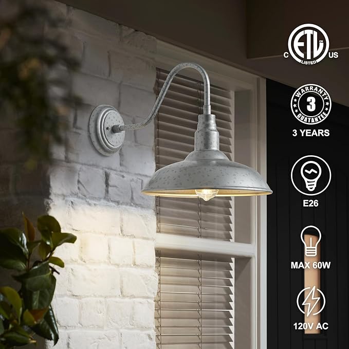 14 Inch Barn Farmhouse Outdoor Light Fixture, 2 Pack Exterior Gooseneck Lights with Galvanized Steel Finish, Outside Wall Sconce with Wall Mount for House, Porch, Patio