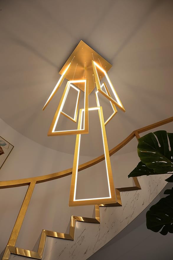 Flashing God Large Modern Chandeliers,Gold Chandelier with 6 Ring Led Foyer Chandeliers,High Ceiling Chandelier for Living Room,Rectangle Pendant Lights for Entryway Staircase LED Dimming 2700k-6001k