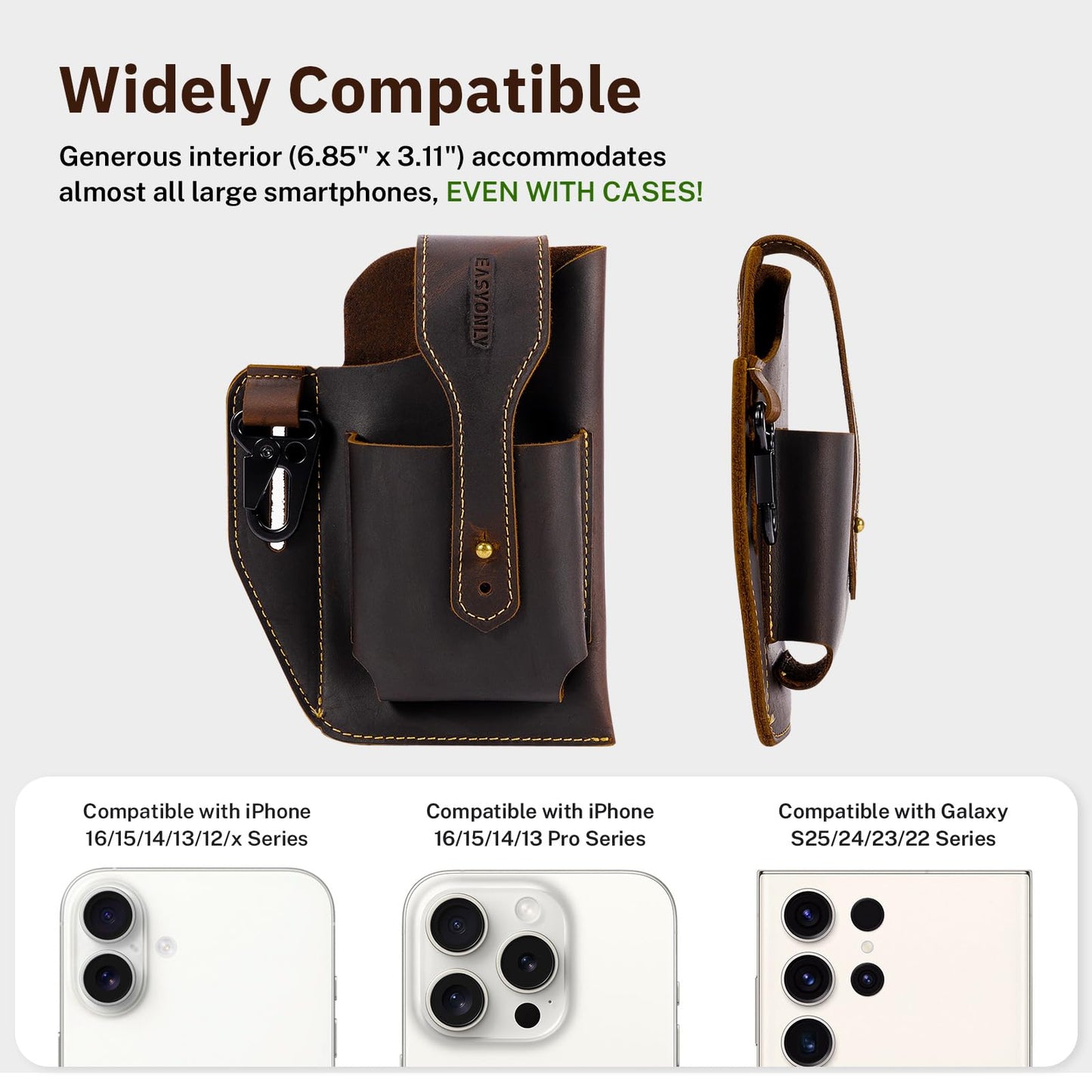Genuine Leather Phone Holster,Universal Cell Phone Case with Snap Closure & Belt Clip, Leather Pouch for iPhone 16/15/14 Pro Max & Samsung Galaxy S24/S23 Ultra,Universal Belt Pouch for Men with Case