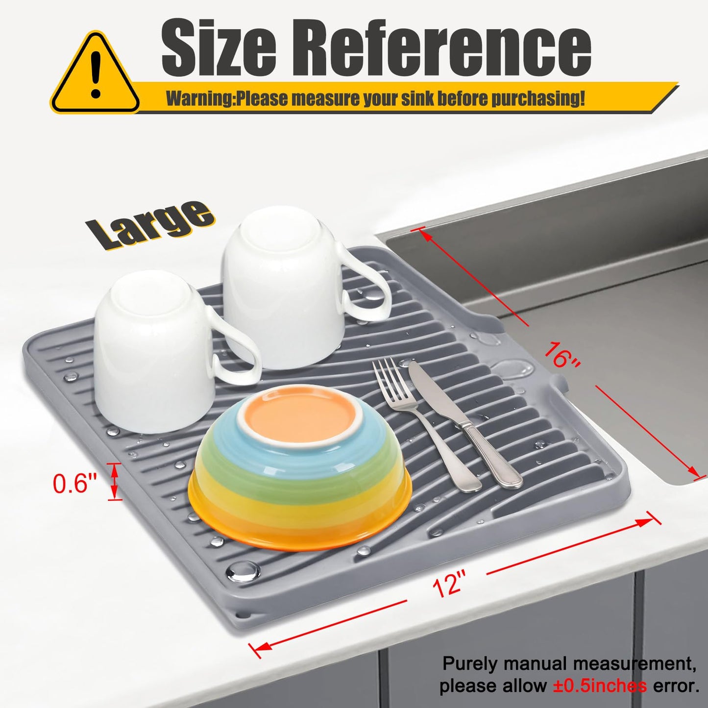 TIKNIK Silicone Dish Drying Mat for Kitchen Counter - Heat Resistant & Non-Slip Dish Drain Pad with Built-In Drain, Dishwasher Safe, Quick-Dry, Hangable & Roll-Up for Storage, Grey-1pcs, 16" x 12"