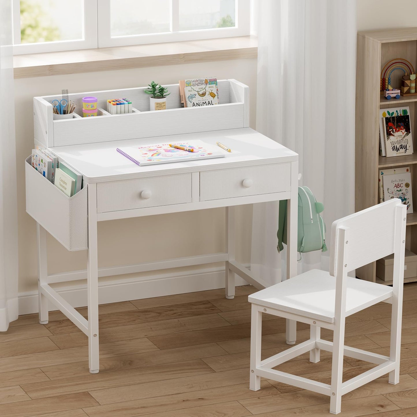 BOLUO White Kids Desk and Chair Set for 5-8 Year Old, Small Child Desk with Fabric Drawer, Children Study Table with Storage Toddler Girls Boys