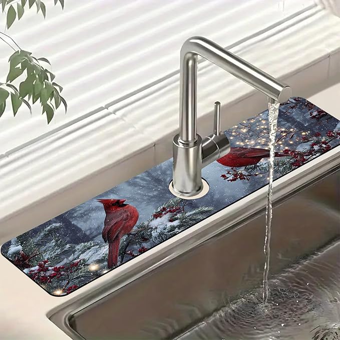 Christmas Winter Kitchen Sink Splash Guard Faucet Mat Cardinal Super Absorbent