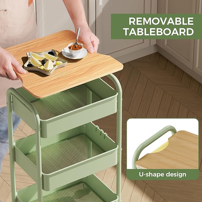 3 Tier Rolling Cart with Table top, Metal Rolling Utility Cart, Sturdy Storage Organizer Cart with Locking Wheels & Hooks for Office, Classroom, Kitchen and Bathroom
