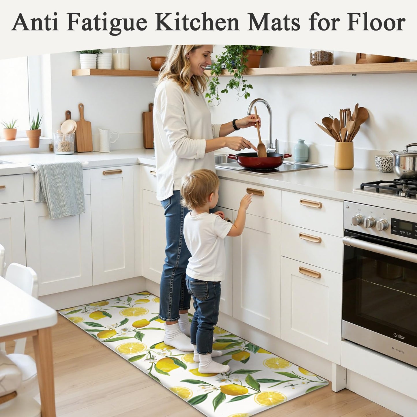 SHACOS Anti Fatigue Lemon Kitchen Rugs Mats Set of 2 Pieces Non Slip Soft Cushioned Wipeable Kitchen Mats for Floor Standing Mats, 17"x27.5"+17"x47", White