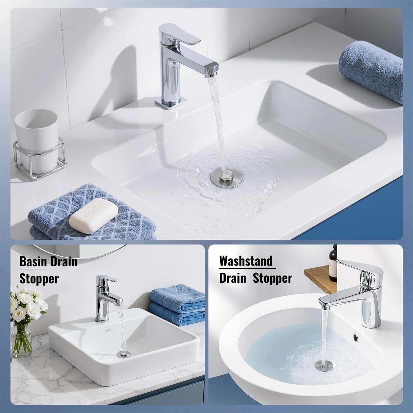 5-in-1 Bathroom Sink Stopper, 2 Pc Pop-Up Drain Stopper with Removable Hair Catcher, Anti-Clog Strainer, Odor Blocking & One-Way Flow Design, Brass & Stainless Steel All Metal Made, Fit 1.1"–2.36"