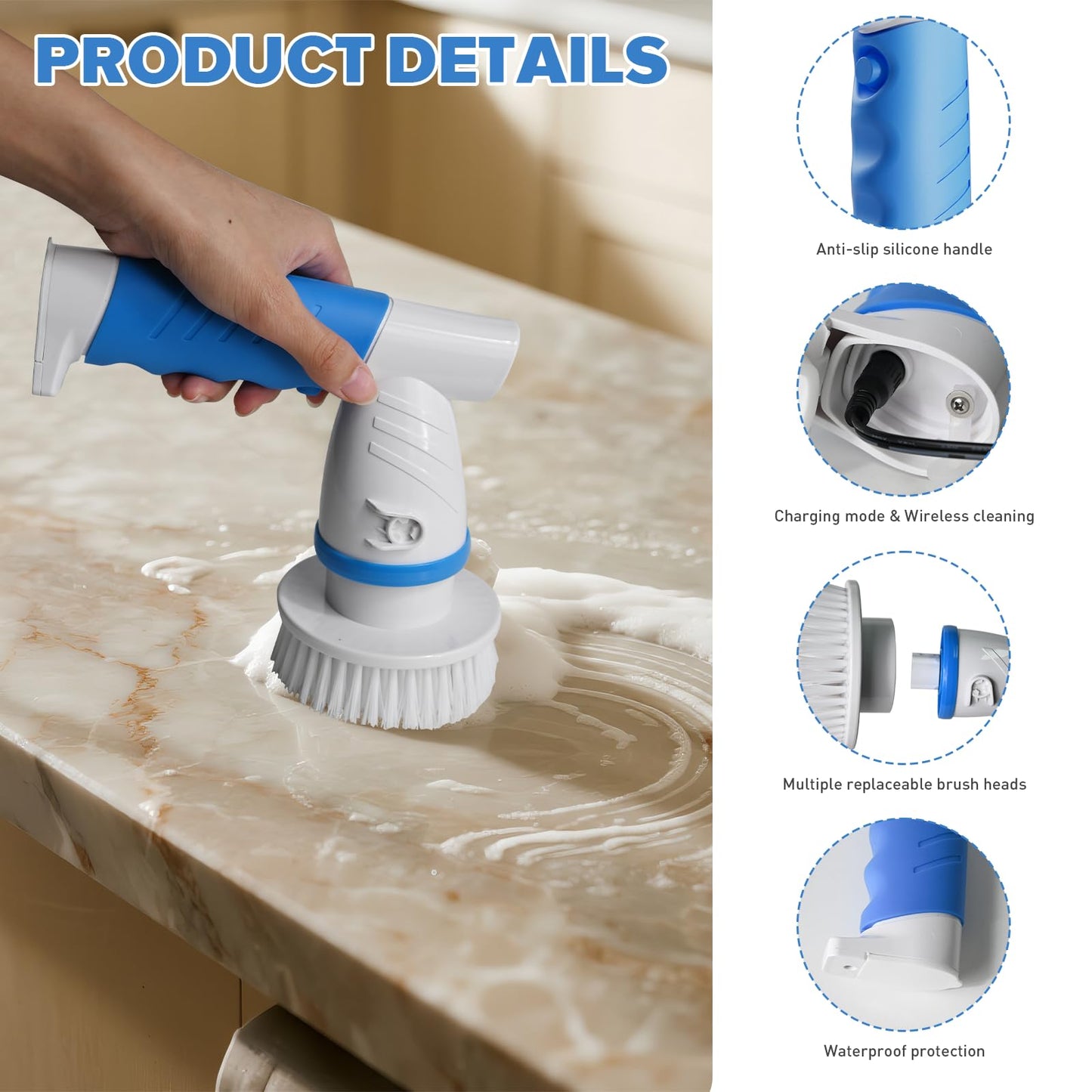 Electric Spin Handle for Scrub Daddy/Mommy Sponges with 6 Replacement Brush Heads, Power Scrubber Electric Cleaning Wand Brush for Sink/Window/Tub/Tile/Floor,Waterproof, Cordless and Rechargeable