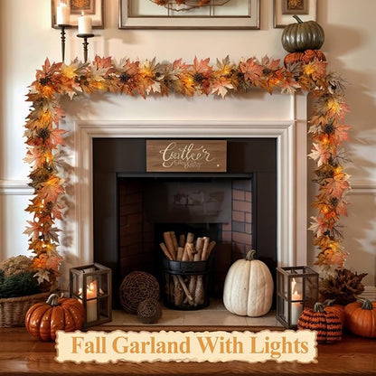 6 FT Fall Garland with Lights Timer Function Fall Leaves Garland with Berries Pine Cones Realistic Autumn Automatic ON/Off Timer Fall Decorations for Home Mantle Fireplace Porch Table
