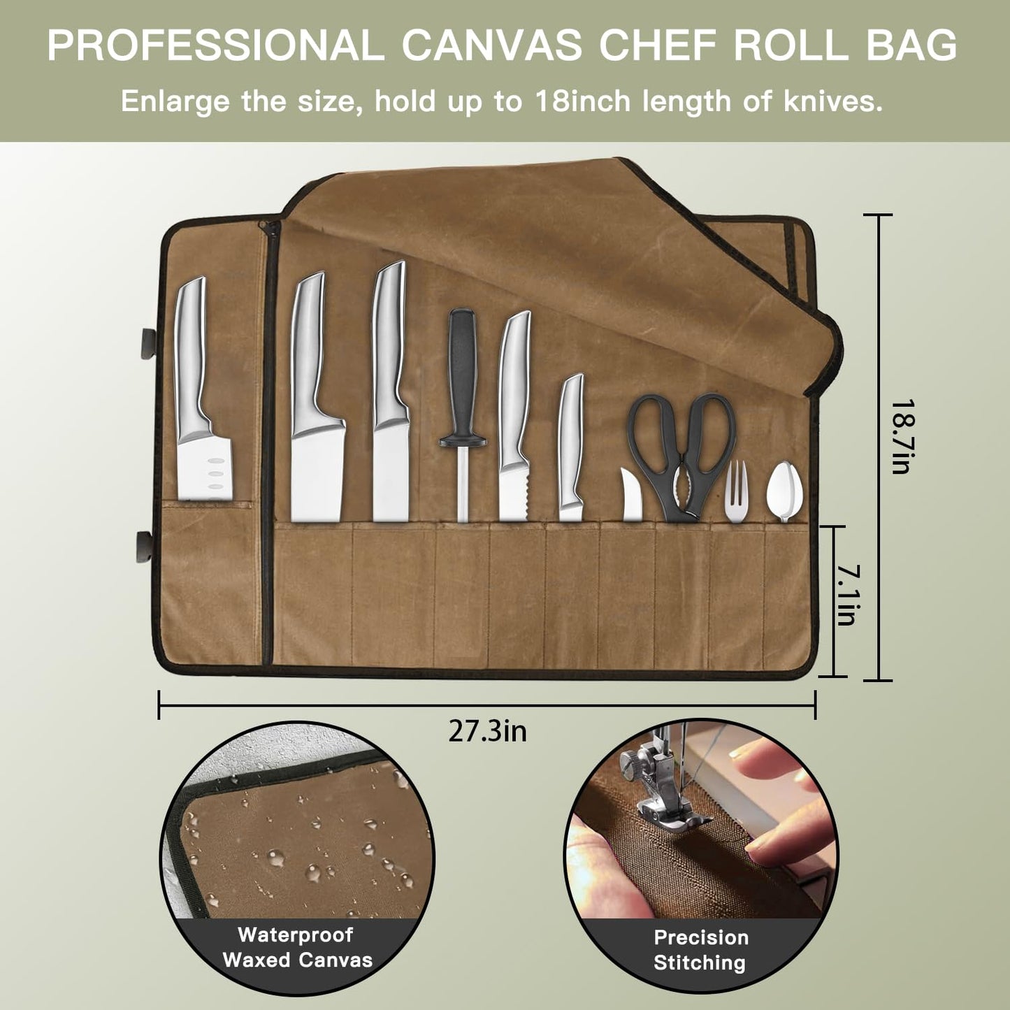 Chef Knife Roll Bag,Waterproof Waxed Canvas Knife Case Holds,Knives Roll Bags for Chefs Professional with Adjustable Strap,Chef Backpack (Brown)