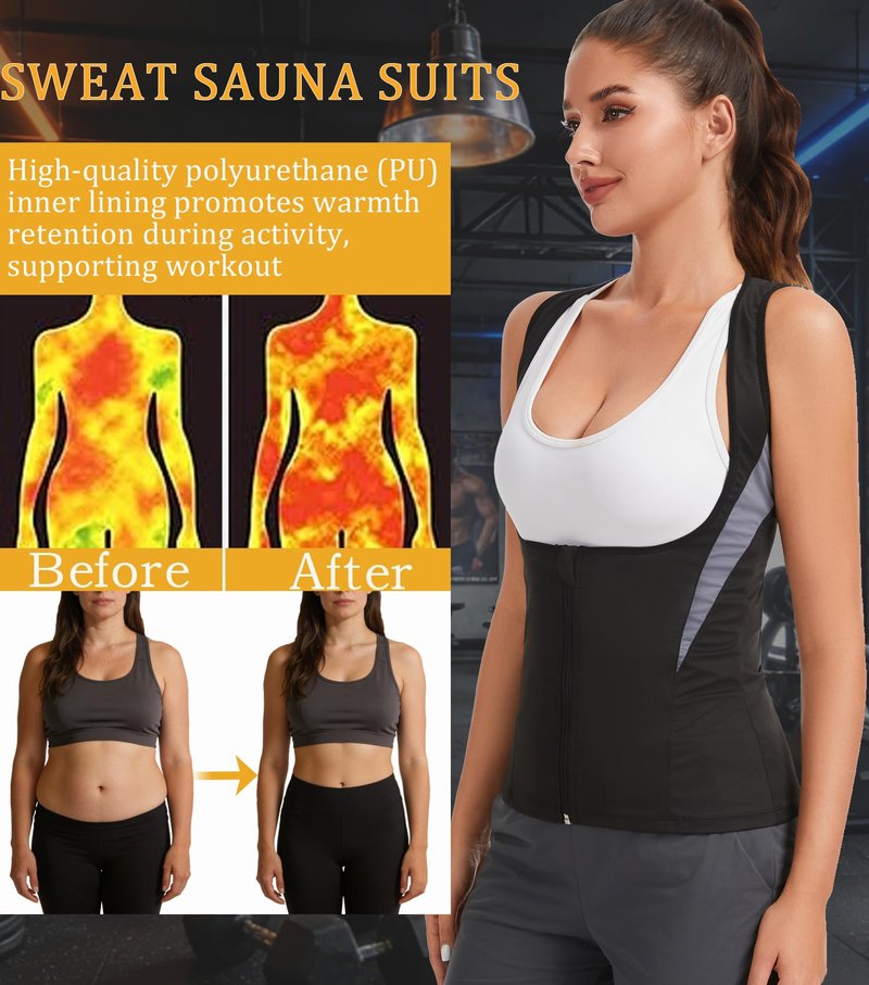 NINGMI Women Sauna Vest Sweat Tank Top Zipper T Shirt Sauna Suit Waist Trainer Body Shaper Workout Exercise Fitness Gym