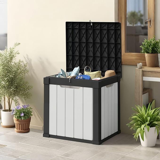 50 Gallon Storage Box, Waterproof Deck Box for Indoor & Outdoor Use, Lockable Pool Storage Bin for Package Delivery, Outdoor Bench for Patio Cushions, Garden Tools, Backyard, Black & White