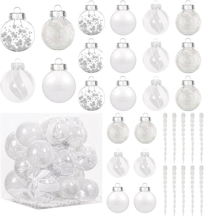 XmasExp 32ct Christmas Ball Ornaments Set -White Clear Plastic Shatterproof Xmas Tree Ball Decorations Hanging Baubles for Holiday Decor