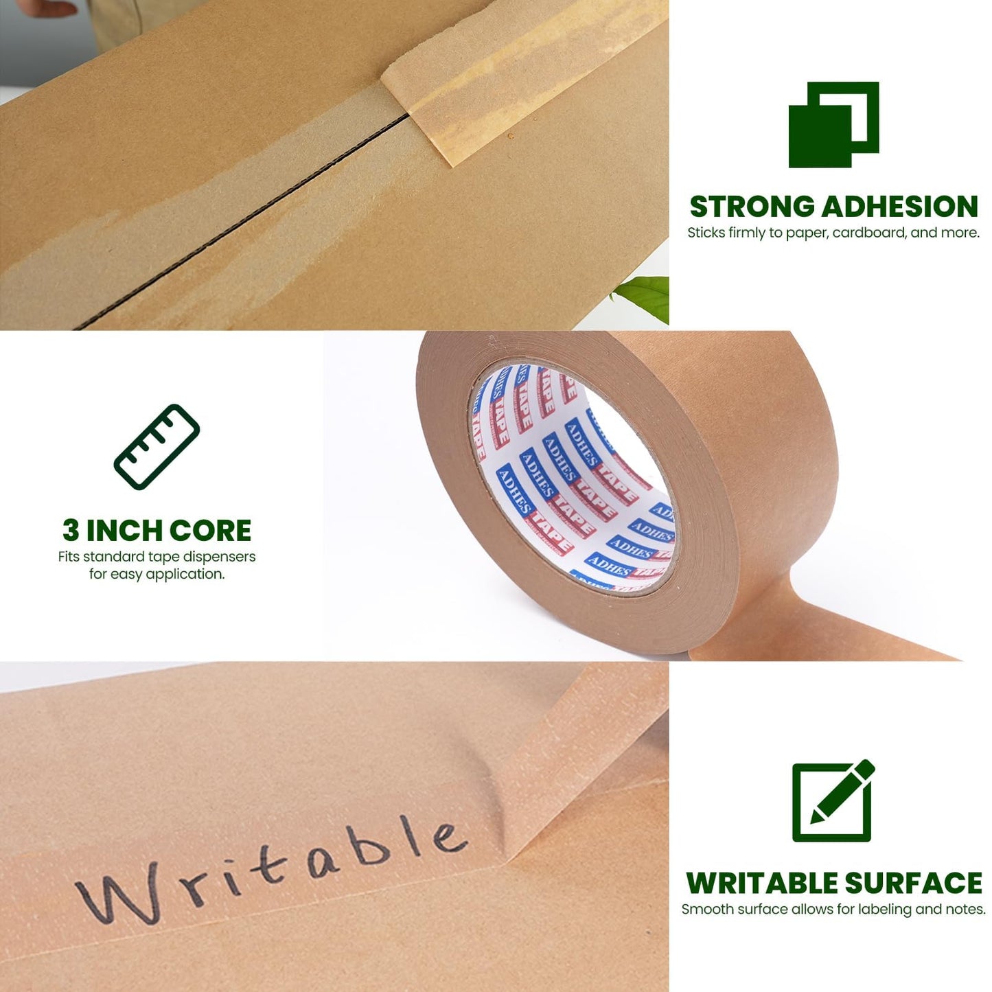 ADHES Kraft Paper Tape with Dispenser, 2 in x 55 yds x 6 Rolls – Bulk Eco Friendly Brown Packing Tape, Strong Adhesive, Easy Cut Tape Dispenser for Warehouse & Business Use