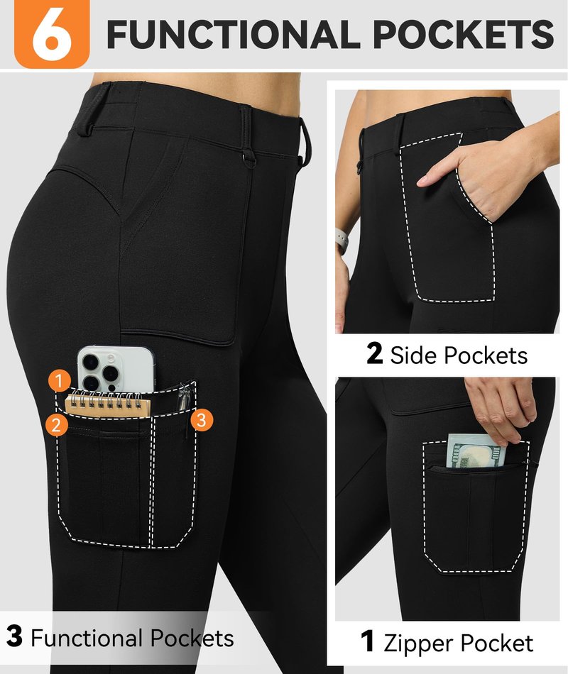 Women's Stretch Cargo Pants High Waist Bootcut Flare Leggings with 6 Pockets Soft Yoga Work Pants for Business Casual, Travel, Athletic Black(L)