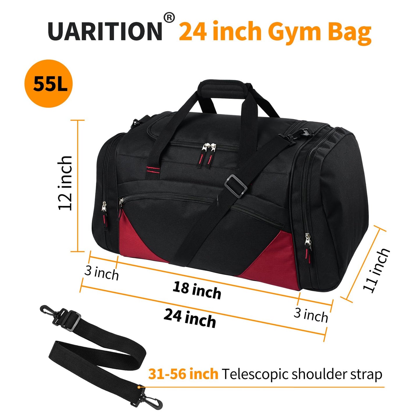 Gym Bag for Men - 55L Black Durable Large Duffle Bag for Travel, Workout, Fitness & Sport