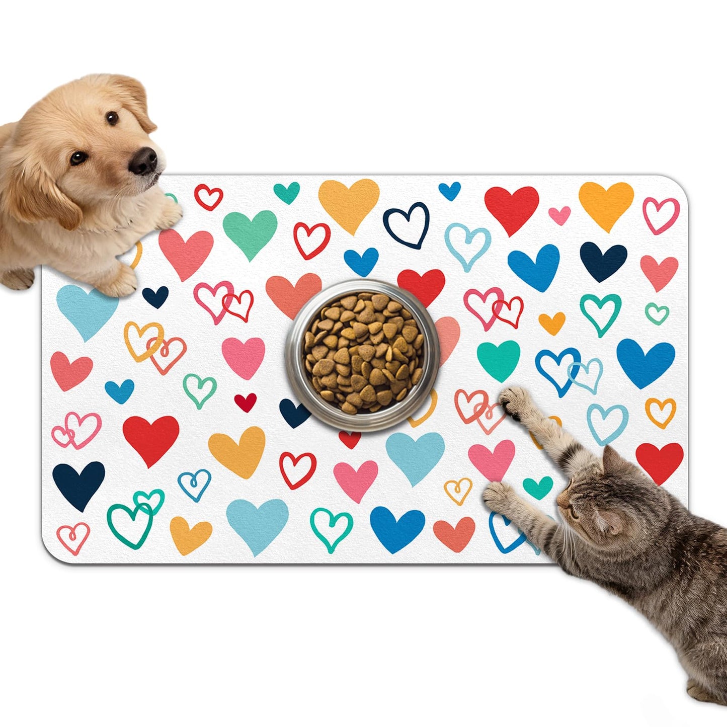 Dog Food Mat for Bowls, Absorbent Quick Dry Dog Cat Mats for Food and Water, Non-Slip Backing Pet Mat Pet Supplies - Heart Pattern