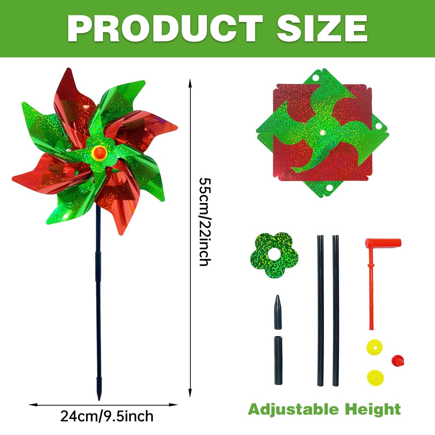 10 Pieces 21 Inches Red and Green Reflective Pinwheels with Stakes, Windmill Wind Spinners for Outdoor Garden Lawn Yard Decor, Christmas Decoration, Large Foil Pin Wheels for Bird and Animal Deterrent