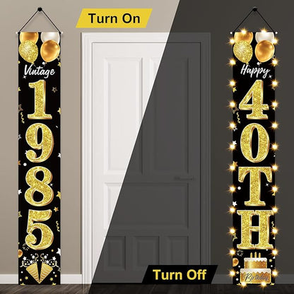 40th Birthday Party Banner Lighted Decorations for Men Women - Black Gold Vintage 1985 40th Birthday Decorations Door Banners with LED Light, Forty Years Birthday Party Supplies for Indoor Outdoor Decor