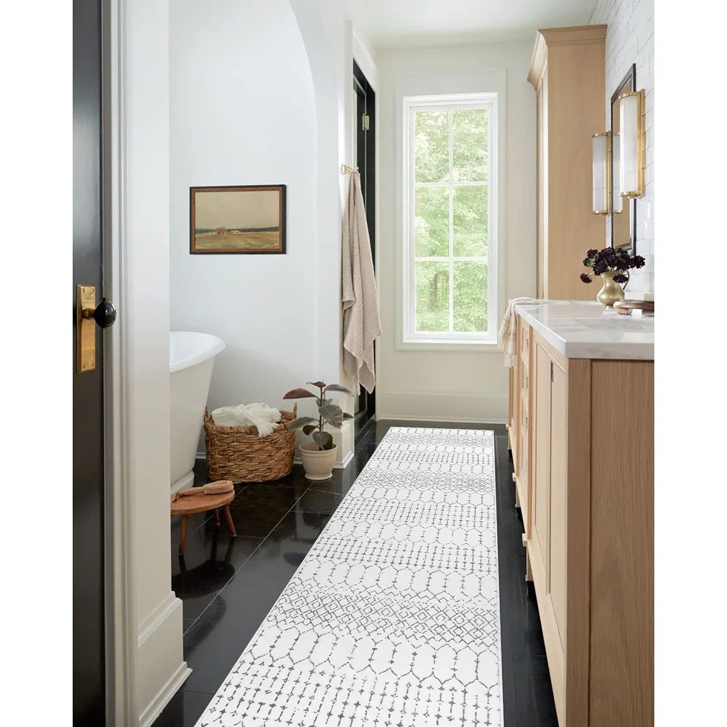 Lahome Moroccan Kitchen Runner Rug - 2x8 Non-Slip Washable Hallway Rug Runner Ultra-Thin Soft Throw Bathroom White Print Distressed Carpet for Entryway Laundry Room Living Room Hana