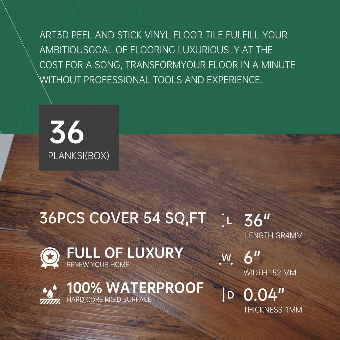 VallisCo Peel and Stick Vinyl Flooring 36 Pack 54 Sq.Ft, Waterproof Vinyl Flooring Peel and Stick for Office, Living Room, Bathroom, Kitchen - Unique Design, Easy to Install Floor, Brown